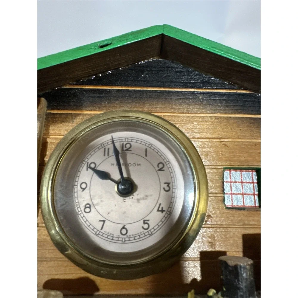 Heirloom German Miniature Cabin Wind up Mechanical Clock Vintage Novelty Wood